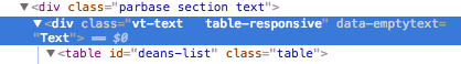 screen capture of the HTML code that precedes the table on this page showing the table-responsive class has been applied automatically