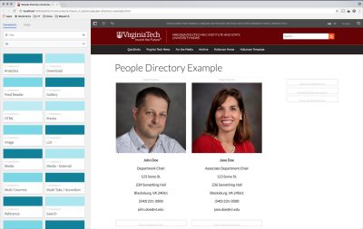 image of a general page template with the multi columns component populated with sample content for a people directory page in a grid layout