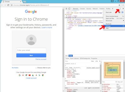 image of a Chrome web browser window showing the menu to access the developer tools preferences