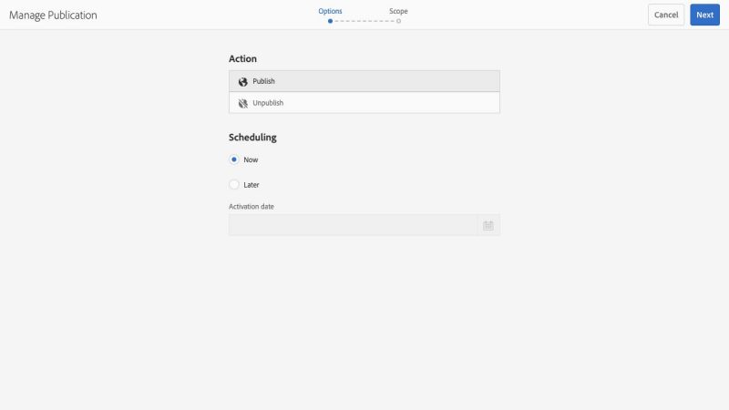 Manage publication actions and scheduling dialog