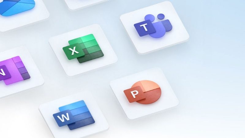 Microsoft 365 application icons floating on tiles, Word, Excel, PowerPoint, and Teams