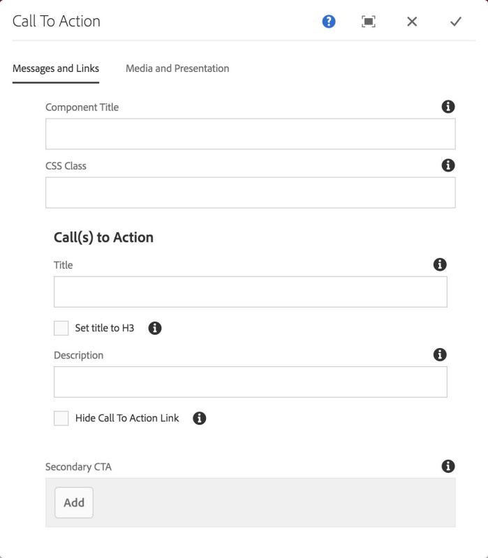 Call To Action component: Messages and Links tab