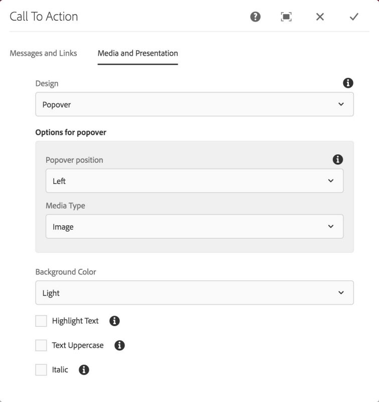 Call To Action component: Media and Presentation tab, popover design options shown