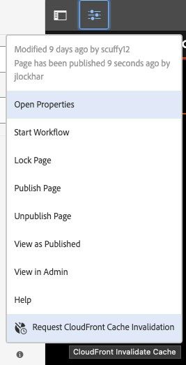 Page Information menu open with the Request CloudFront Cache Invalidation option selected