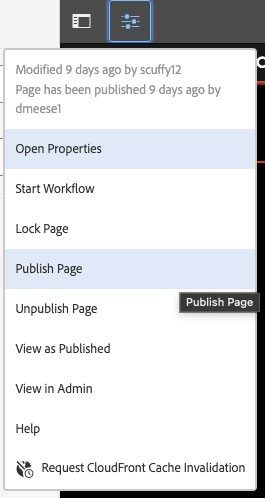 Page Information menu open with the Publish Page option selected