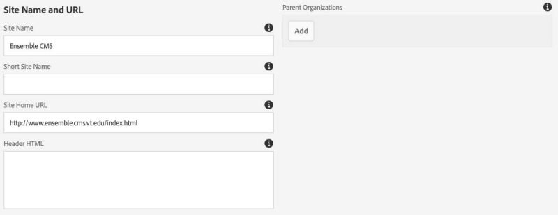 Site configuration name and URL fields