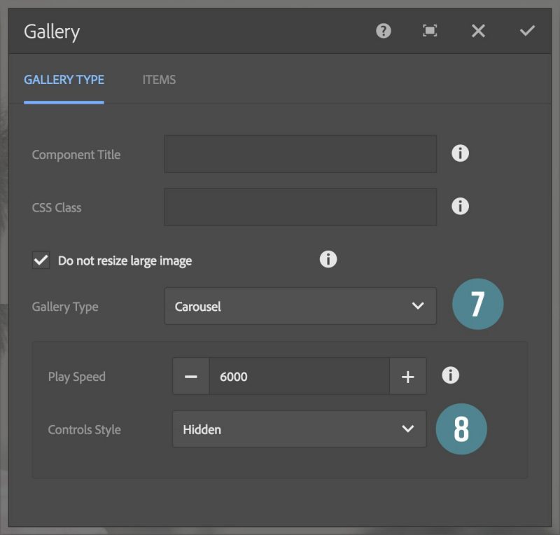 the gallery component properties dialog, on the gallery type tab, steps seven and eight