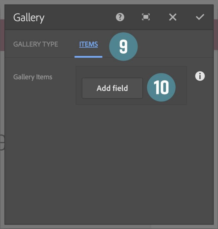 the gallery component properties dialog, on the items tab, steps nine and ten