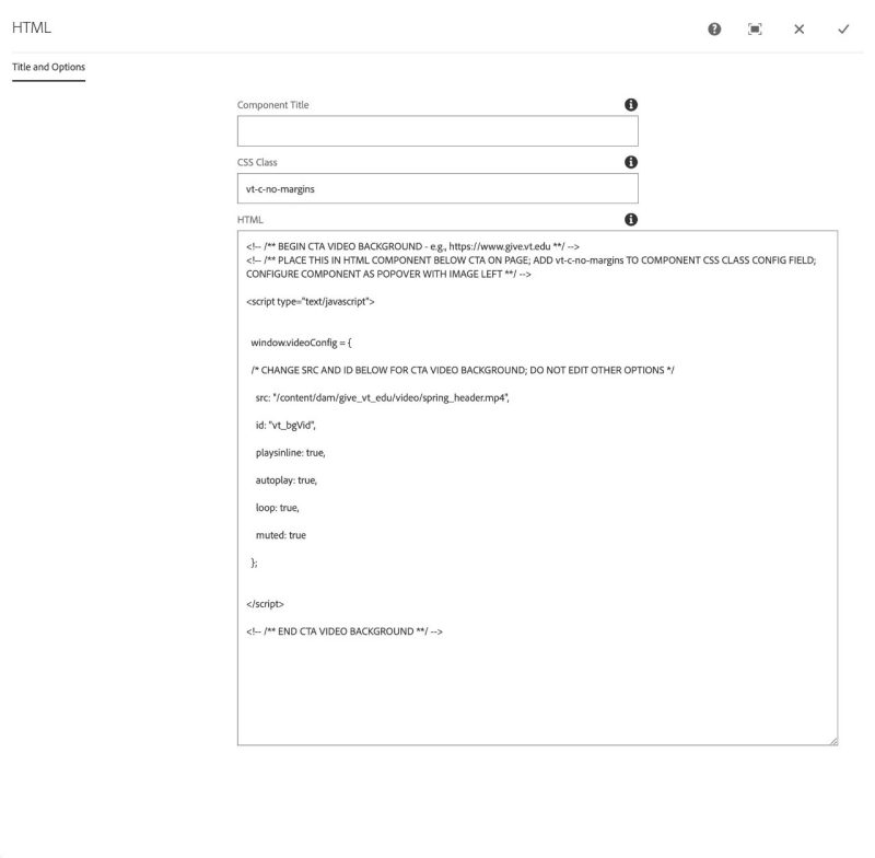 HTML component config example for vt-vidCTA usage