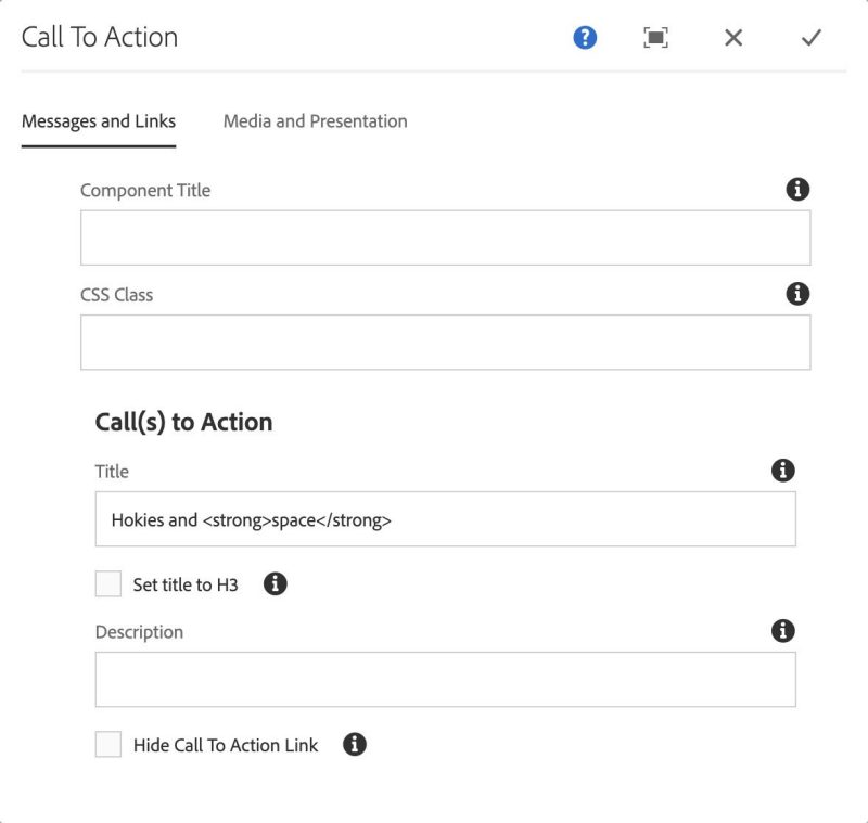 Second Call To Action configuration, this one gets only a title