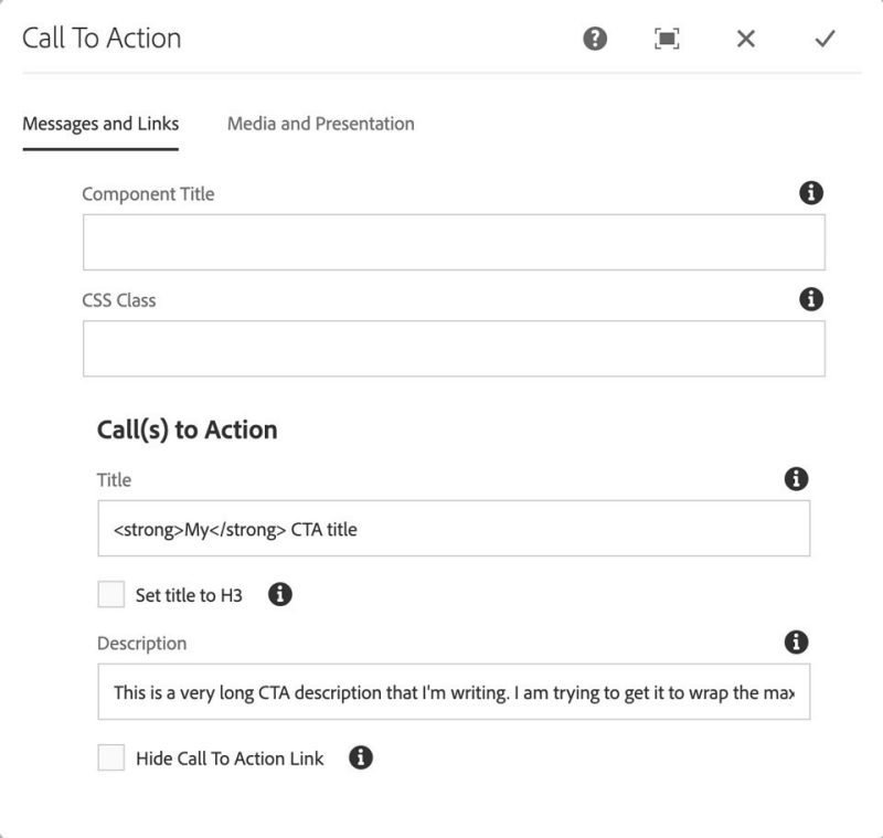 First Call To Action configuration, this one gets a title and description