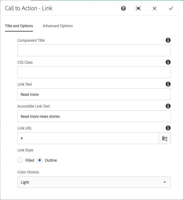 call to action link title and options dialog for a light button