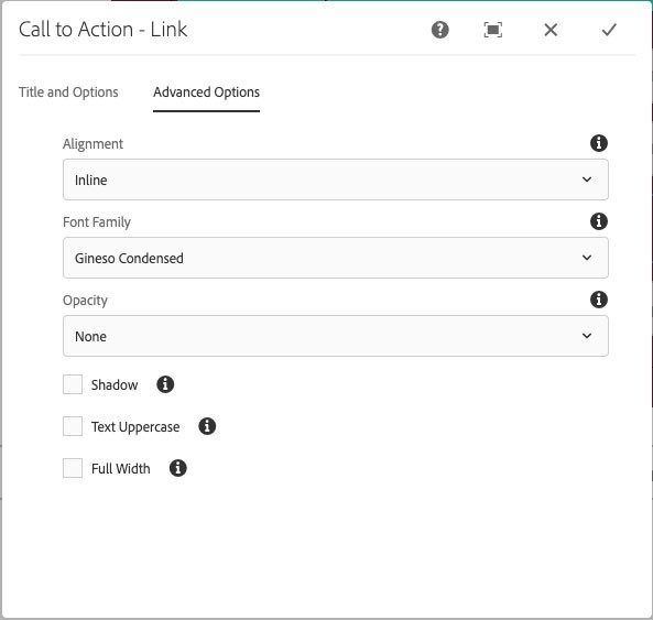 call to action link advanced options dialog with alignment set to inline