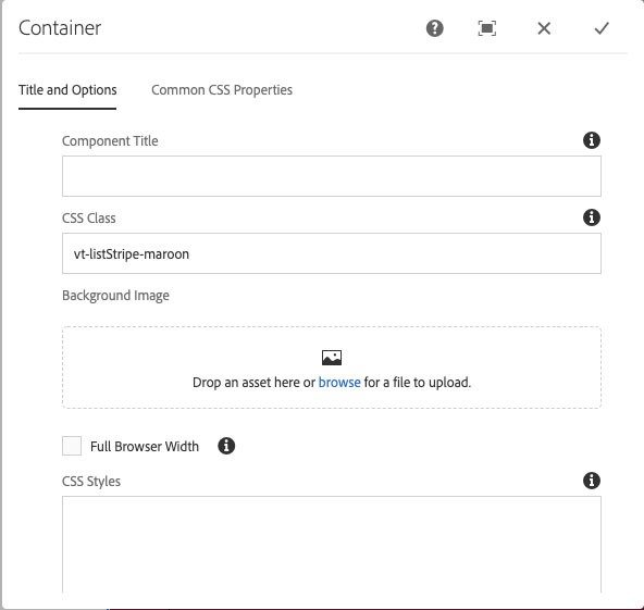 container component settings for CSS class and full width display