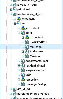 CRX/DE left sidebar content tree view with page entered in search field selected