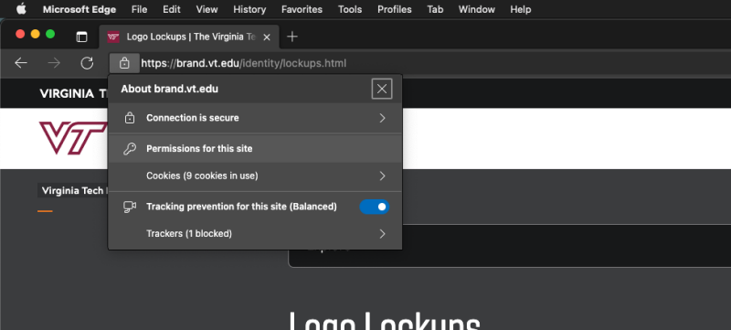 Edge browser site settings access in address bar